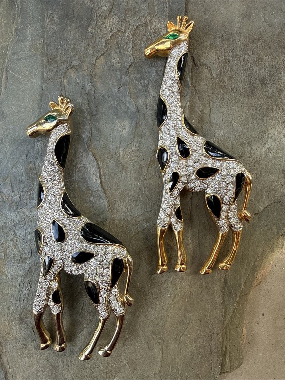 Vintage Large 5” Giraffe Brooch Pin Lot 2 Pave Rhinestone Black Enamel Green Eye